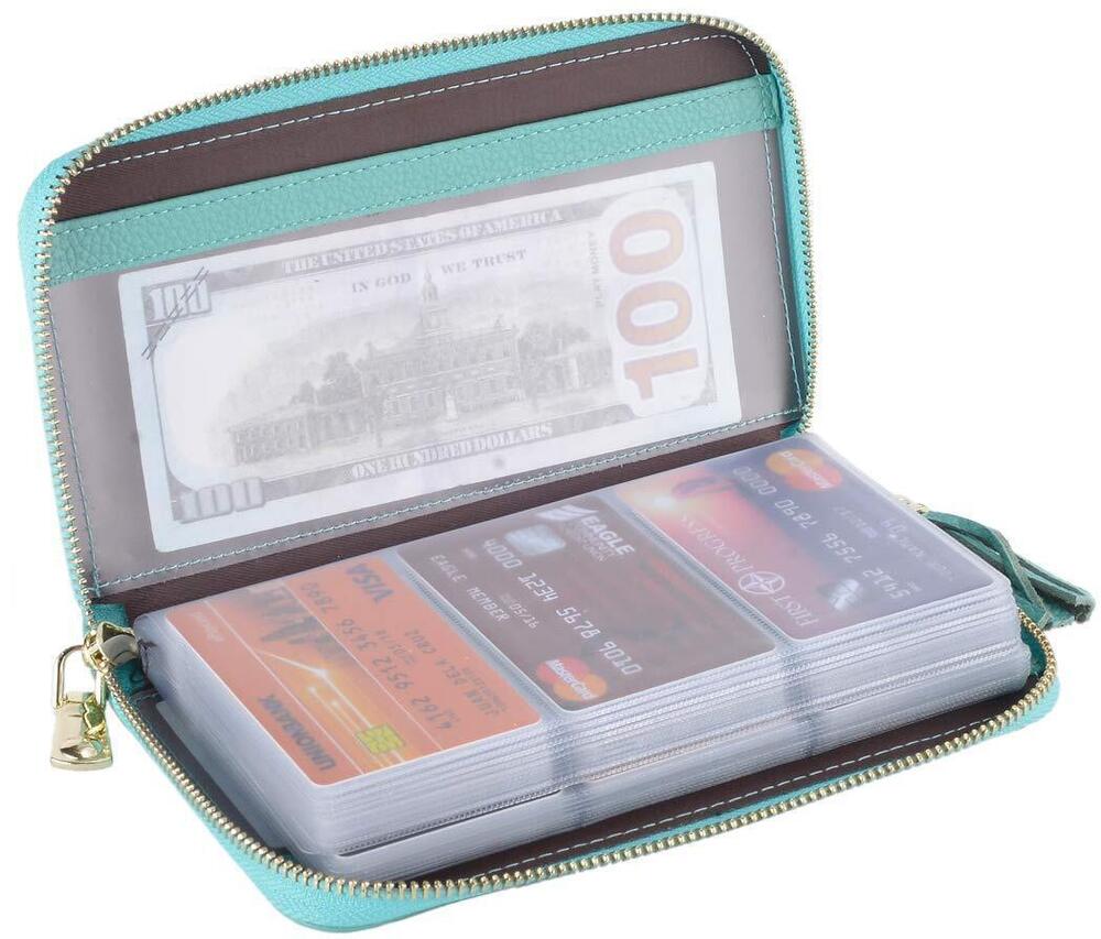 5151 Credit Card Holder Wallet Zipper Leather Case Purse RFID Blocking Teal
